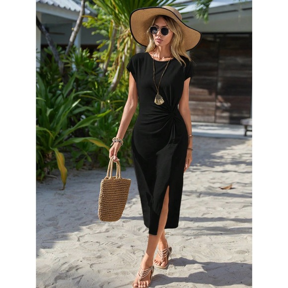 boho Solid Twist Front Split Thigh midi Dress olive army green - Picture 9 of 11